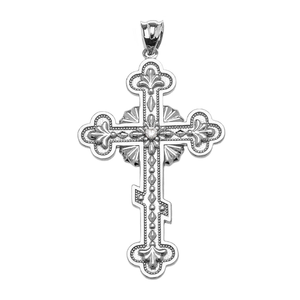 Gold Diamond Eastern Orthodox Cross Milgrain Pendant Necklace, view 7