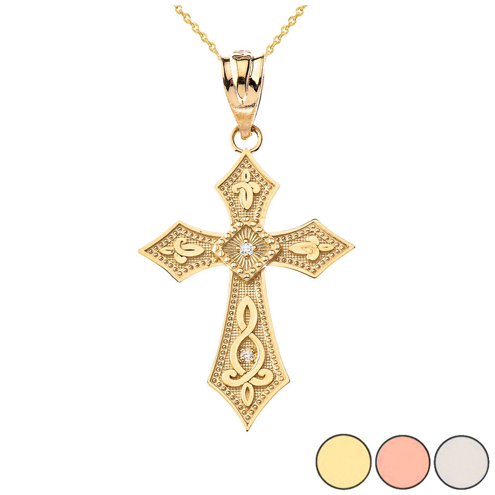 Gold Diamond Filigree Cross Beaded Pendant Necklace