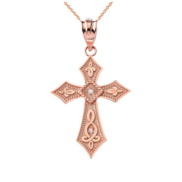 Gold Diamond Filigree Cross Beaded Pendant Necklace, view 5