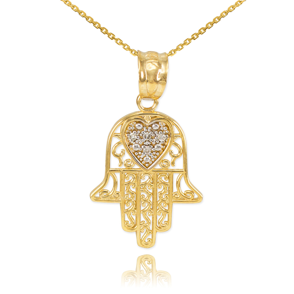 Gold Diamond Filigree Hamsa Hand Heart Pendant Necklace