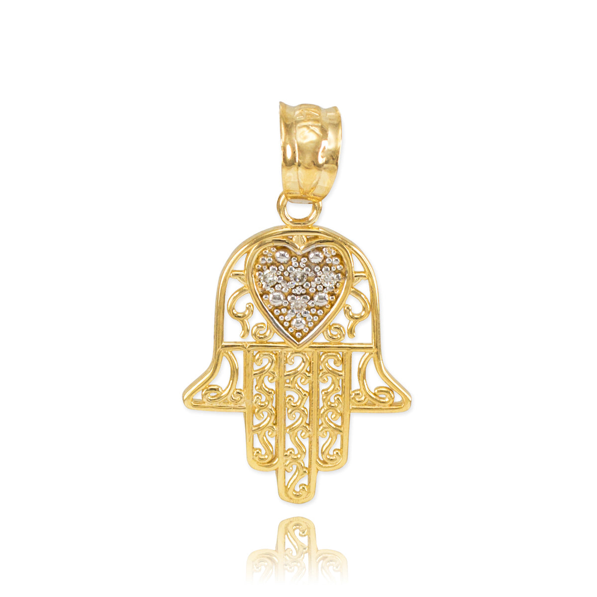 Gold Diamond Filigree Hamsa Hand Heart Pendant Necklace, view 2