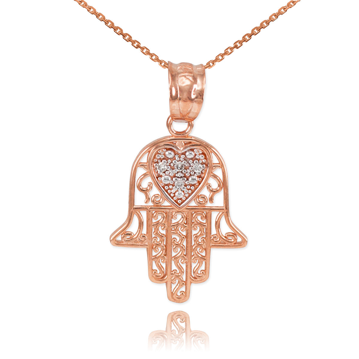 Gold Diamond Filigree Hamsa Hand Heart Pendant Necklace, view 3