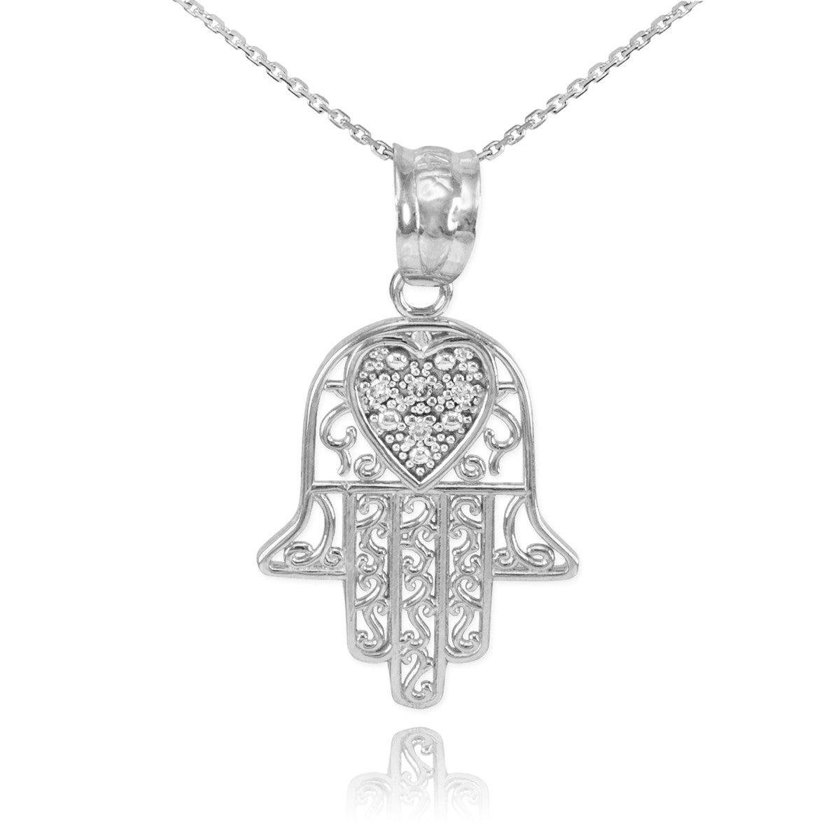 Gold Diamond Filigree Hamsa Hand Heart Pendant Necklace, view 4