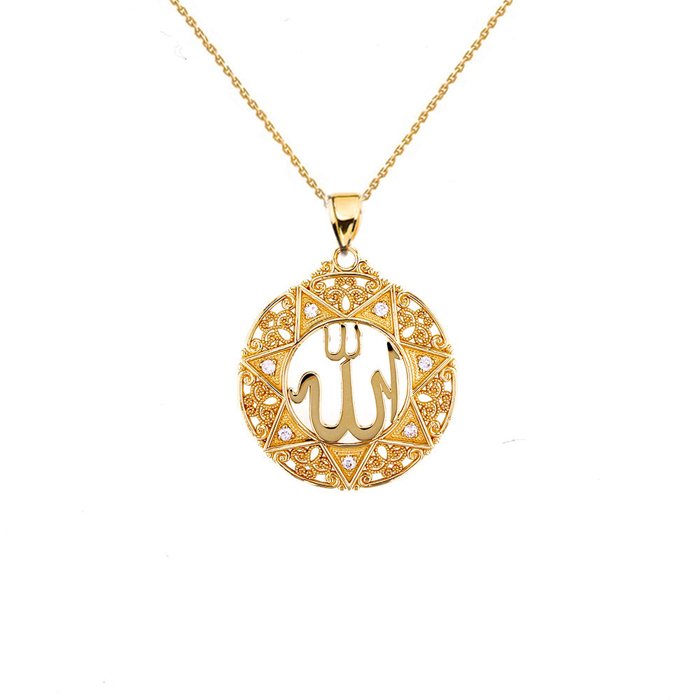 Gold Diamond Filigree Round Allah Pendant Necklace (1")