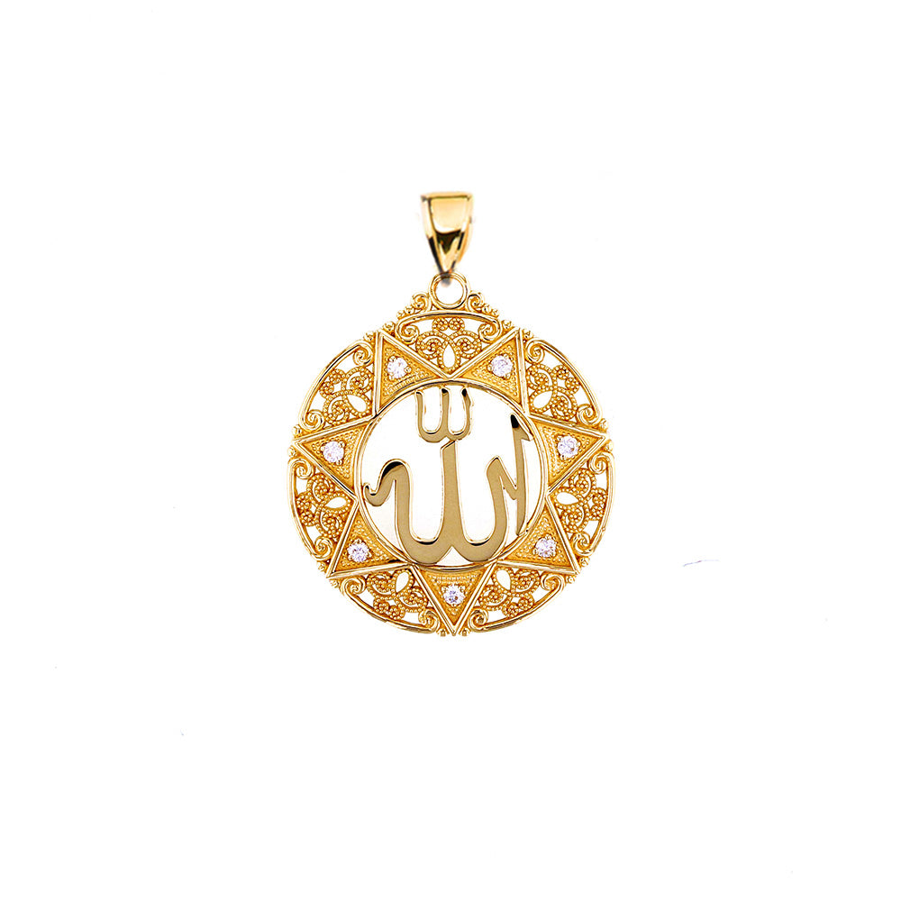 Gold Diamond Filigree Round Allah Pendant Necklace (1"), view 5