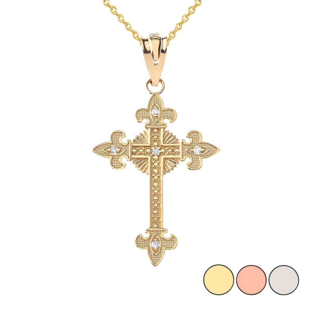Gold Diamond Fleur-de-lis Fleury Cross Pendant Necklace