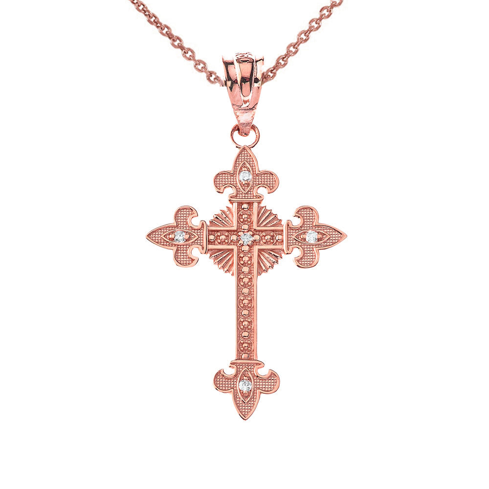 Gold Diamond Fleur-de-lis Fleury Cross Pendant Necklace, view 2