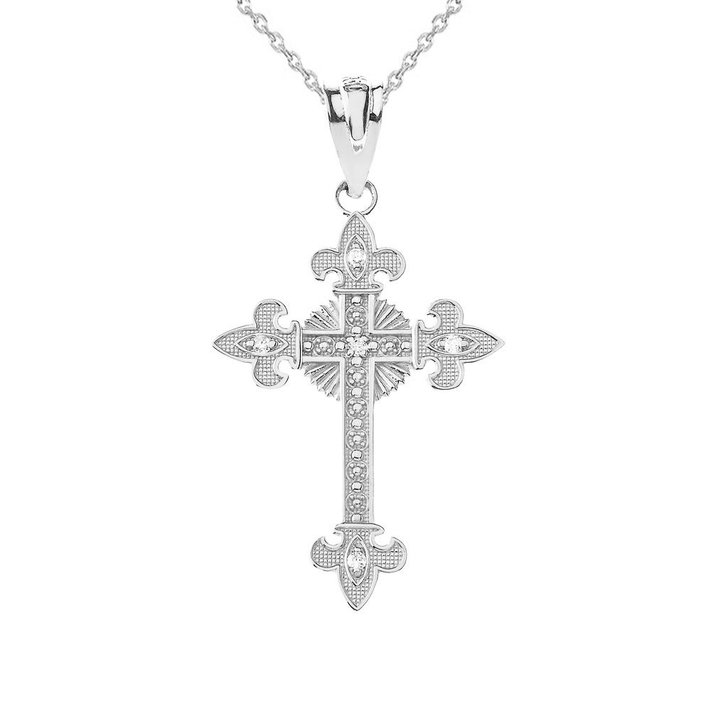 Gold Diamond Fleur-de-lis Fleury Cross Pendant Necklace, view 3