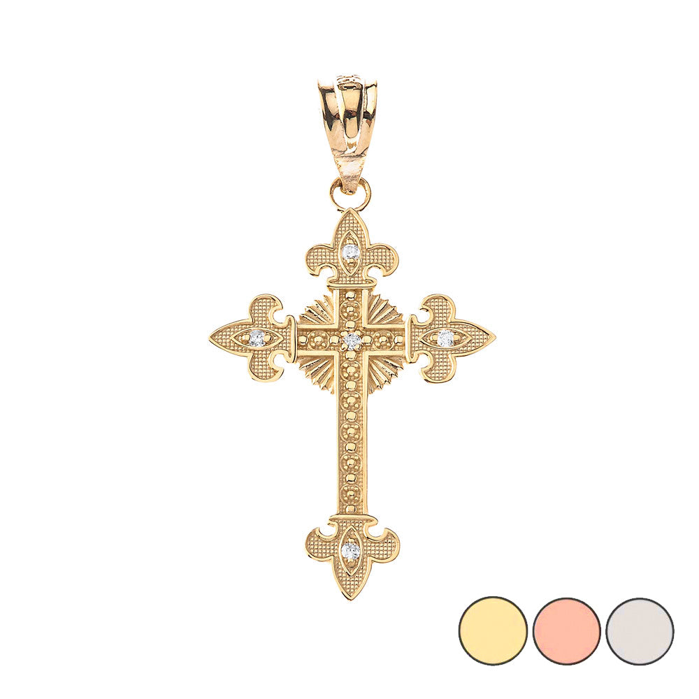 Gold Diamond Fleur-de-lis Fleury Cross Pendant Necklace, view 4