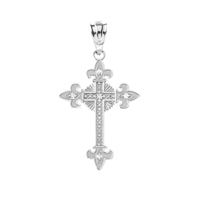 Gold Diamond Fleur-de-lis Fleury Cross Pendant Necklace, view 6