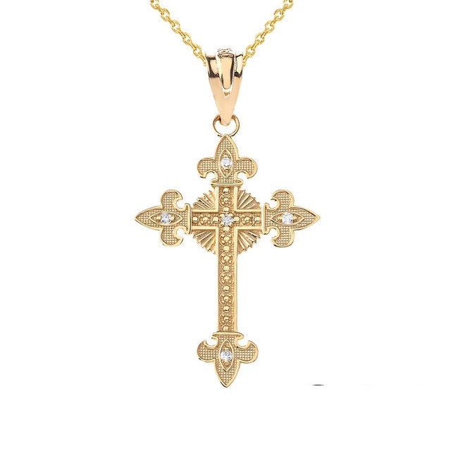 Gold Diamond Fleur-de-lis Fleury Cross Pendant Necklace, view 7