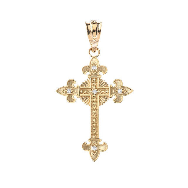 Gold Diamond Fleur-de-lis Fleury Cross Pendant Necklace, view 8