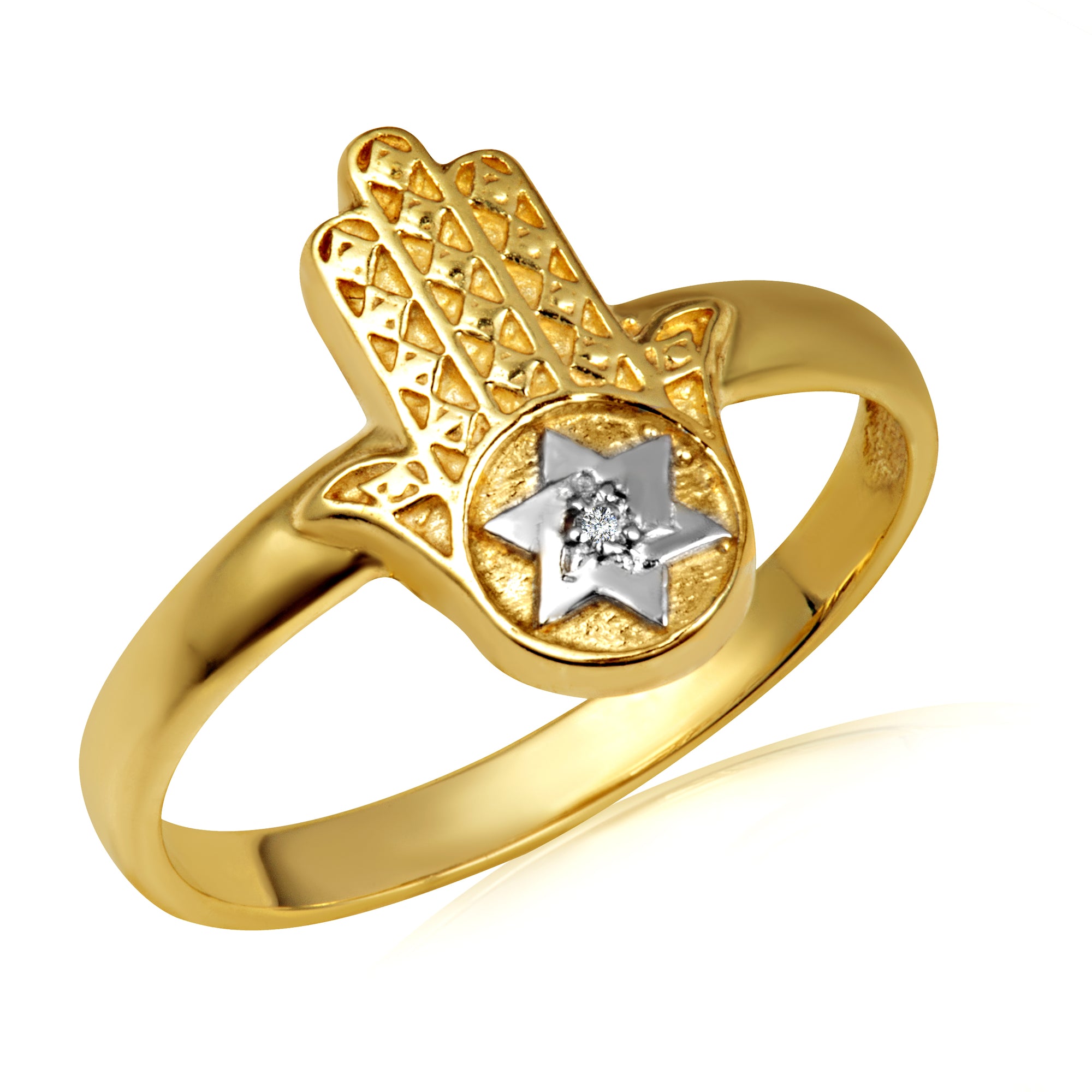 Gold Diamond Hamsa Hand Jewish Star Of David Protection Ring, view 5