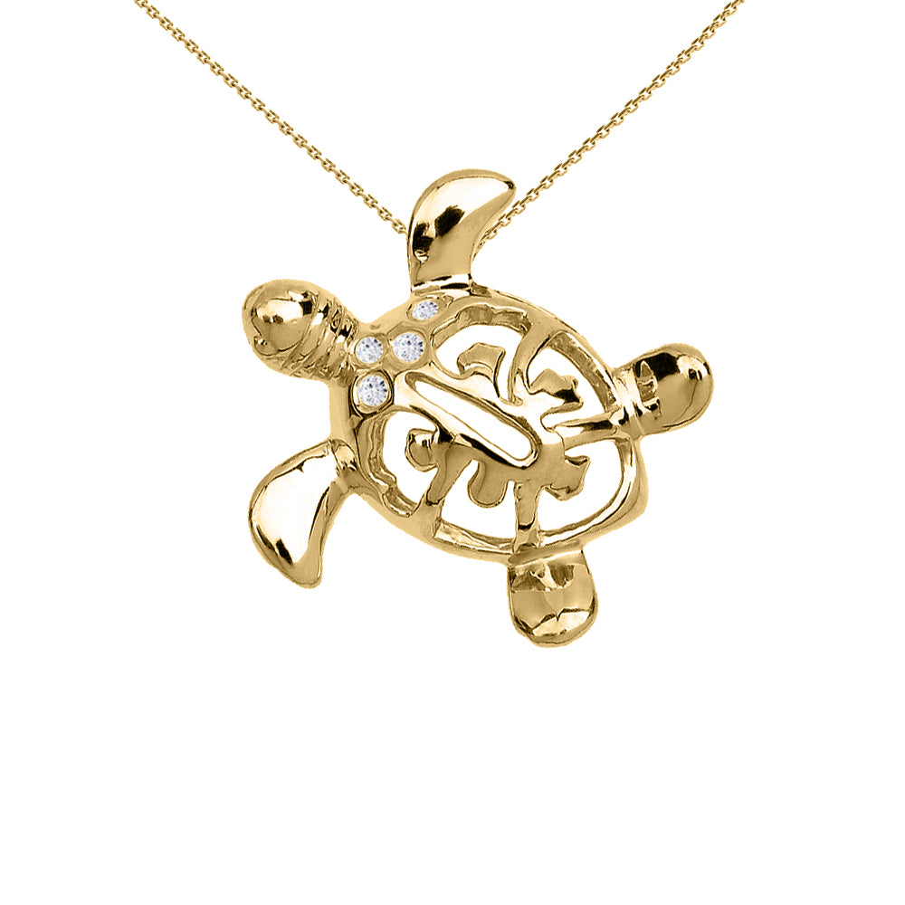 Gold Diamond Hawaiian Lucky Charm Honu Turtle Hidden Bail Pendant Necklace