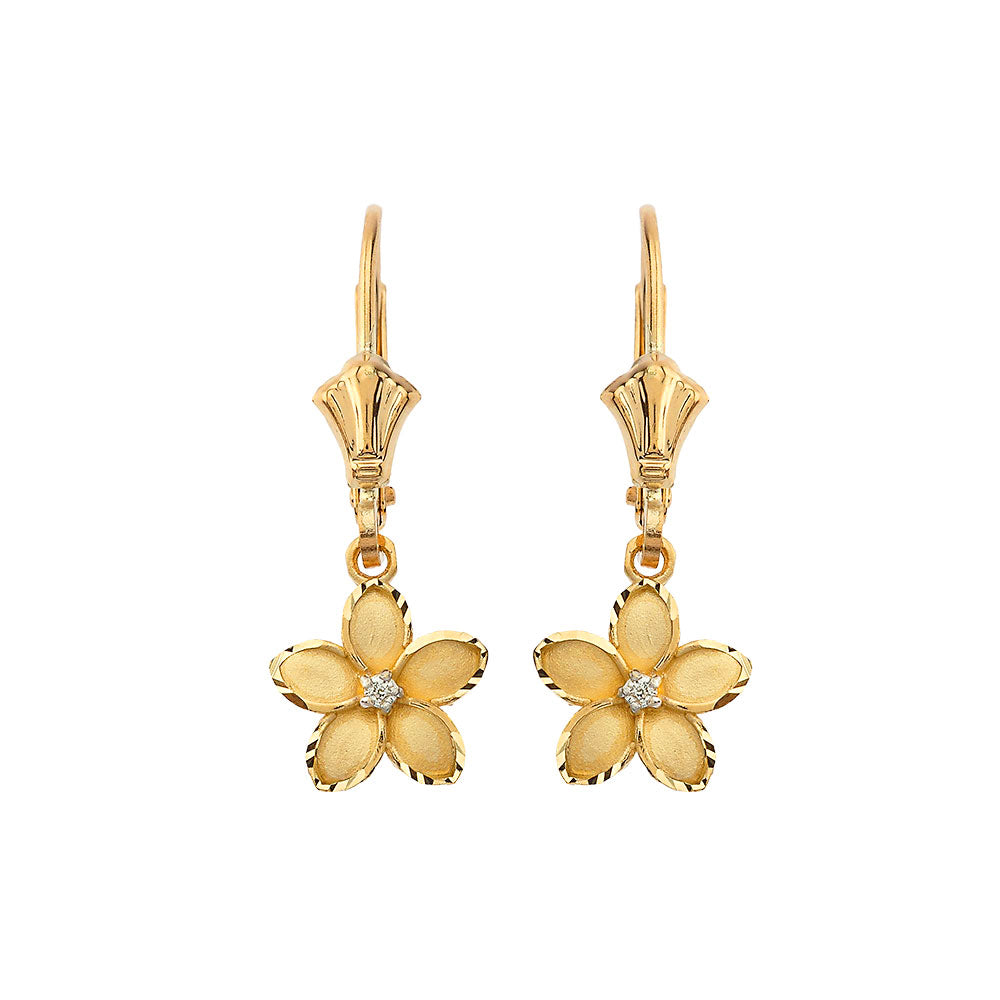 Gold Diamond Hawaiian Plumeria Flower Leverback Earrings (0.95")