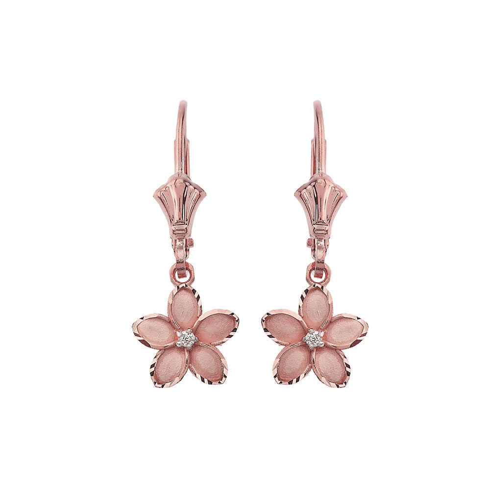Gold Diamond Hawaiian Plumeria Flower Leverback Earrings (0.95"), view 2