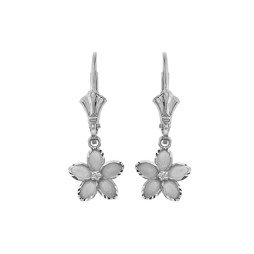 Gold Diamond Hawaiian Plumeria Flower Leverback Earrings (0.95"), view 3
