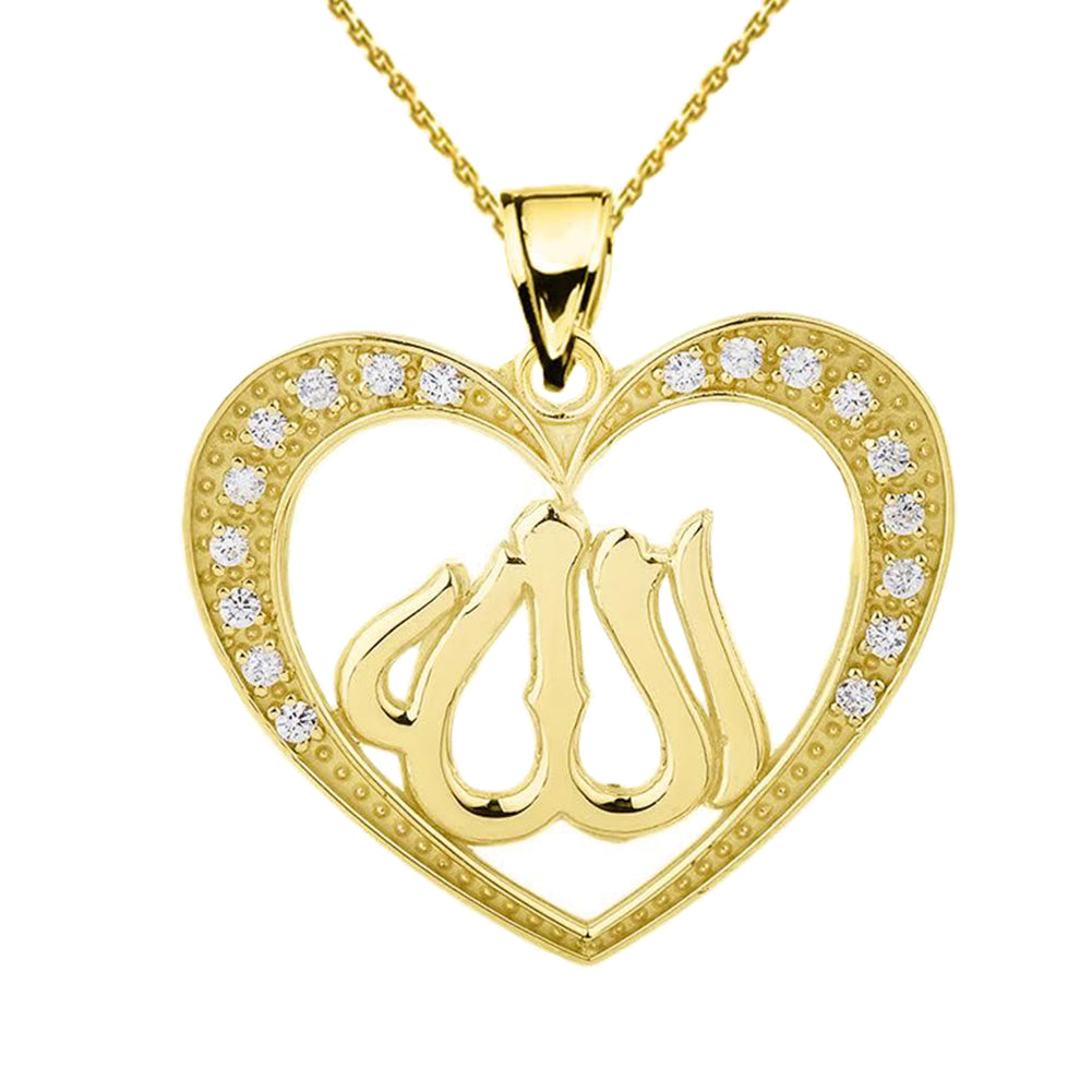 Gold Diamond Heart with Allah Pendant Necklace