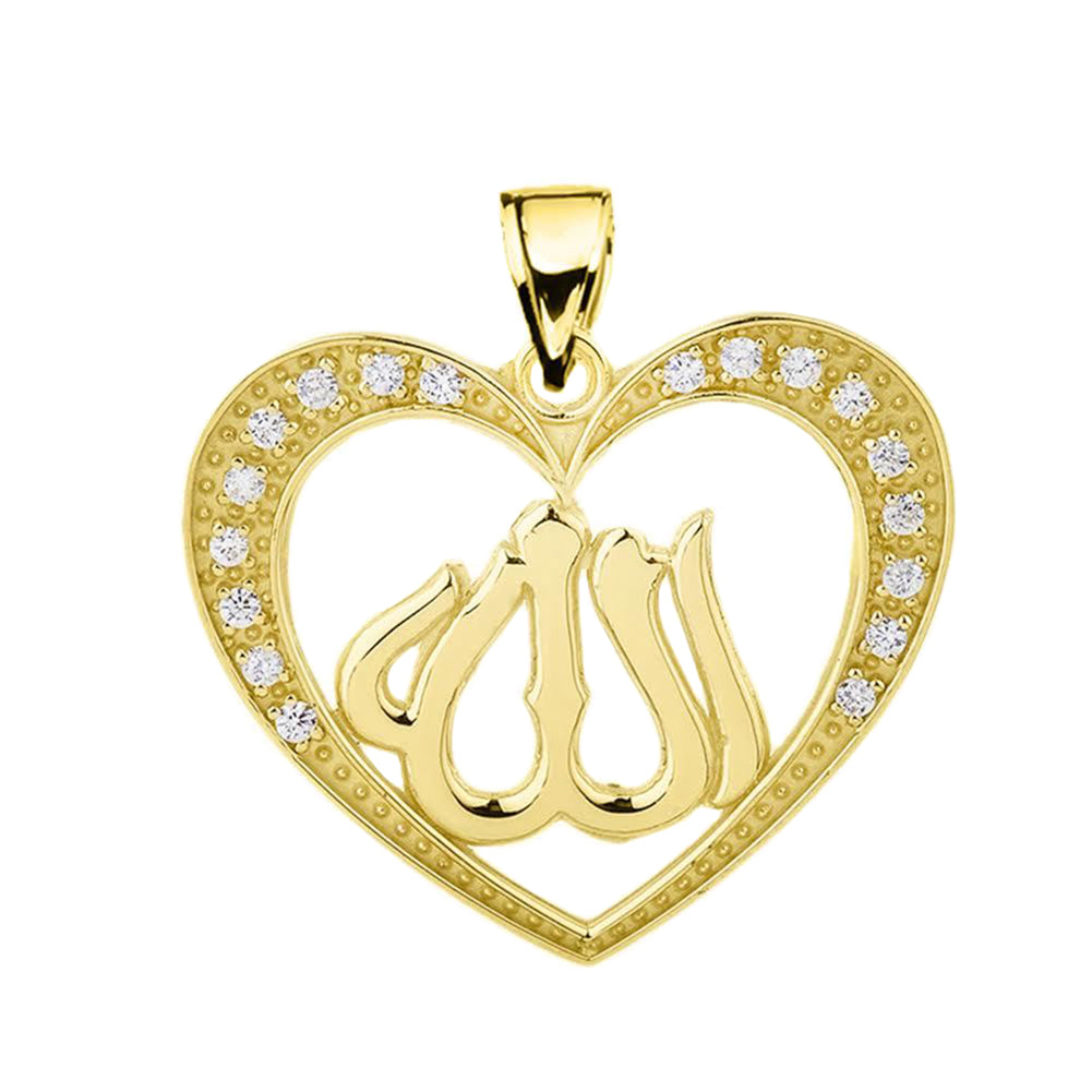 Gold Diamond Heart with Allah Pendant Necklace, view 2