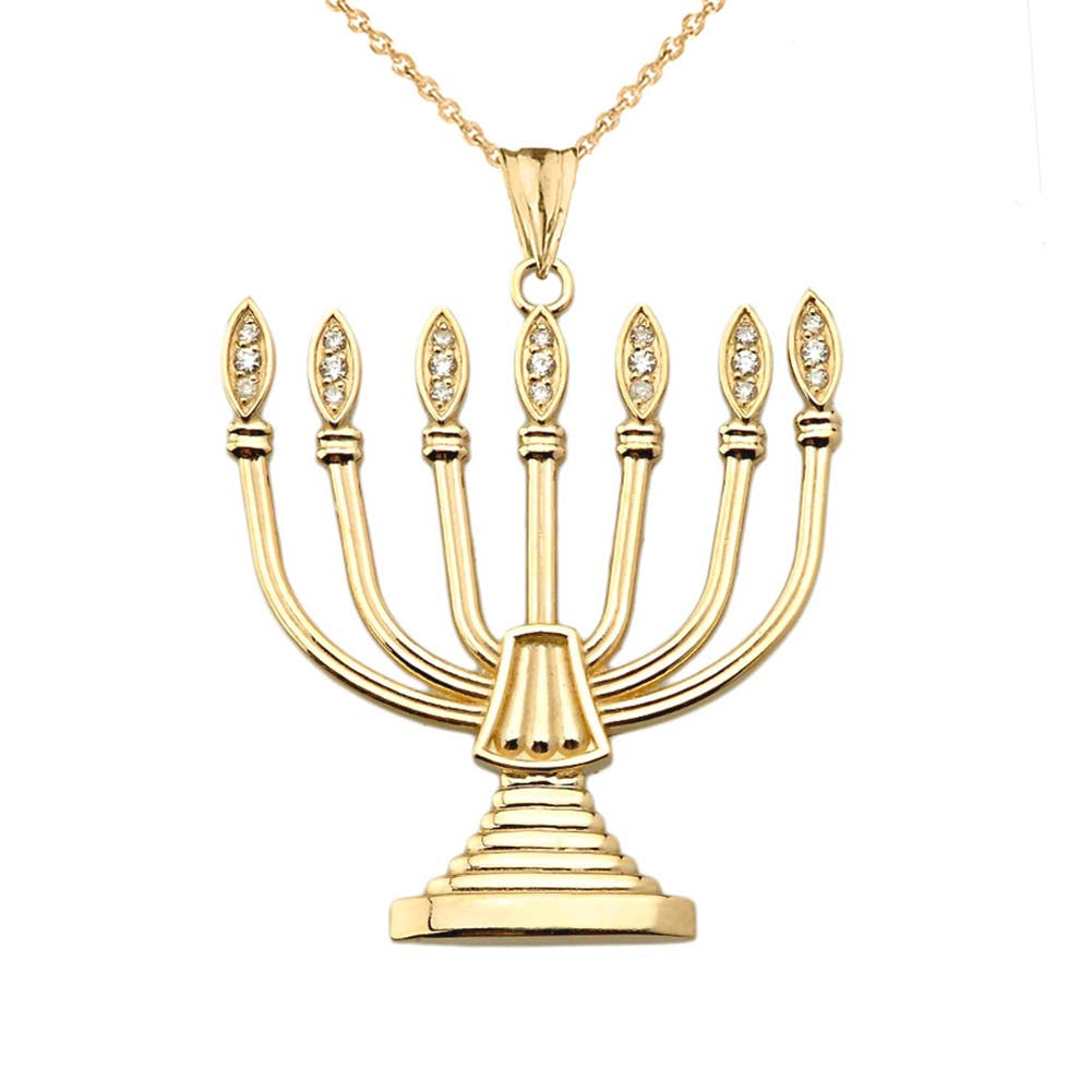 Gold Diamond Holy Temple Menorah Pendant Necklace