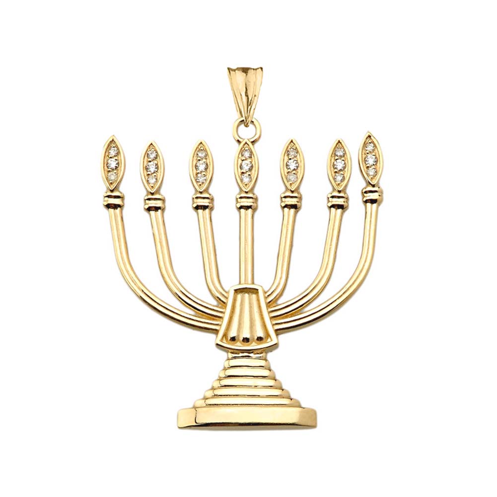 Gold Diamond Holy Temple Menorah Pendant Necklace, view 2
