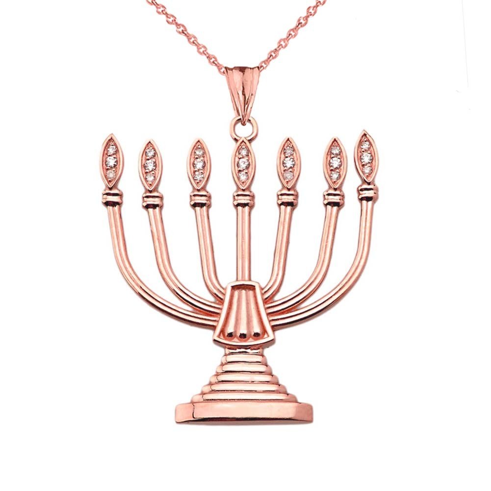 Gold Diamond Holy Temple Menorah Pendant Necklace, view 4