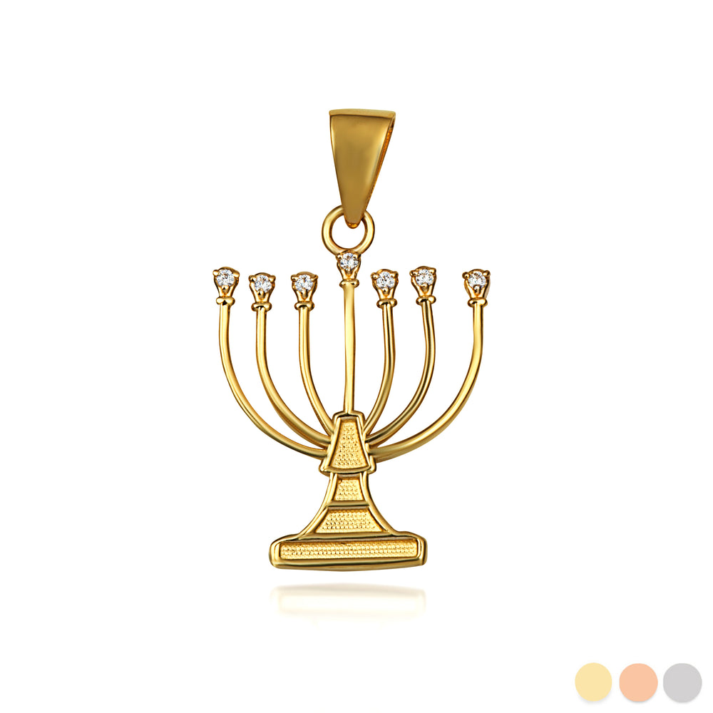 Gold Diamond Jewish Menorah Hanukkah Candle Pendant Necklace