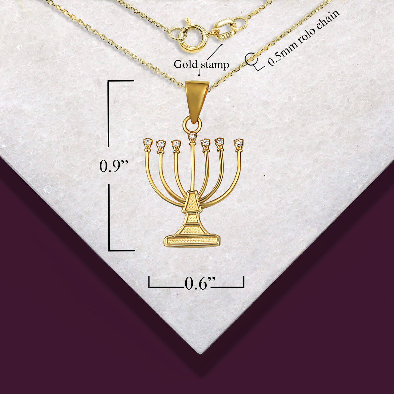 Gold Diamond Jewish Menorah Hanukkah Candle Pendant Necklace, view 3