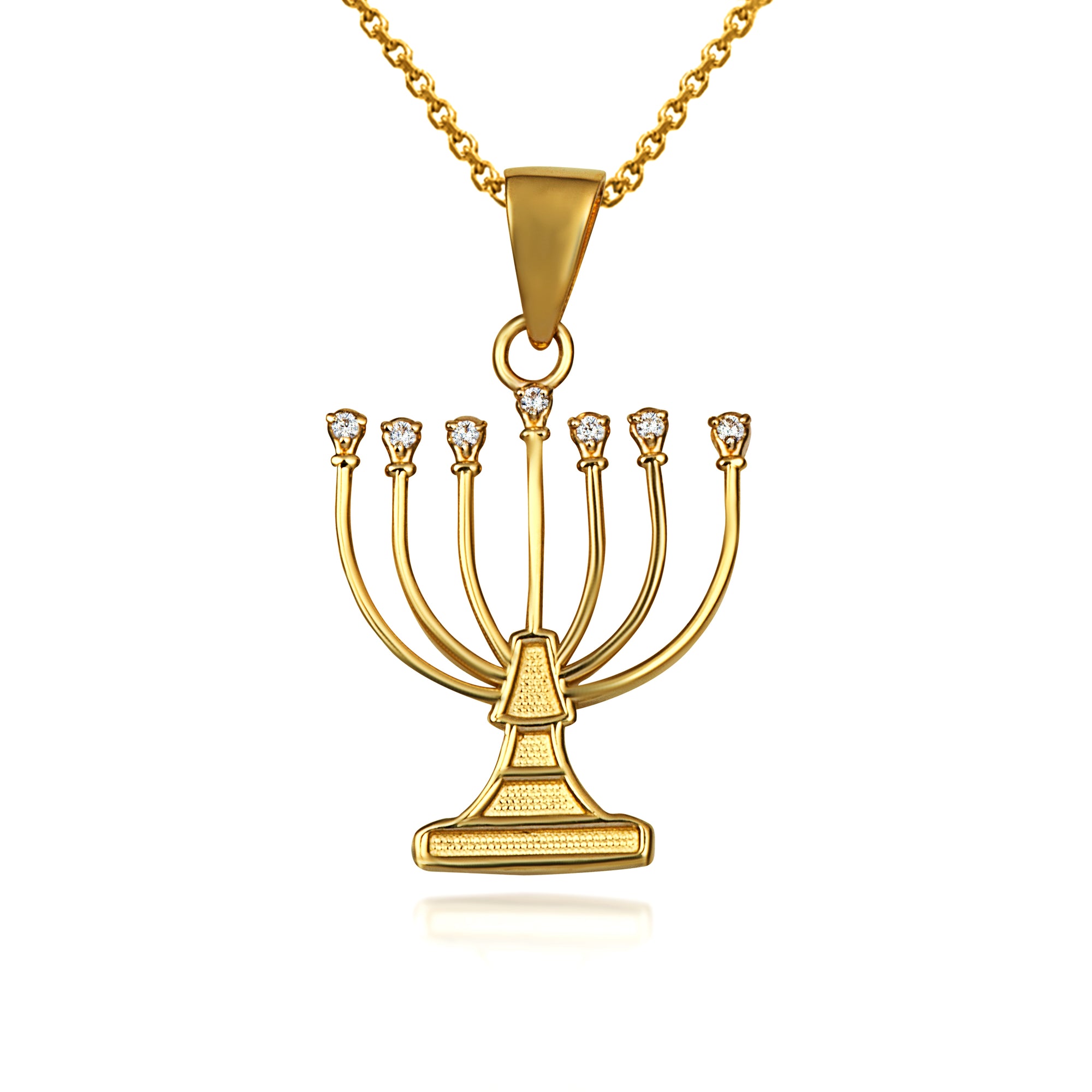 Gold Diamond Jewish Menorah Hanukkah Candle Pendant Necklace, view 4