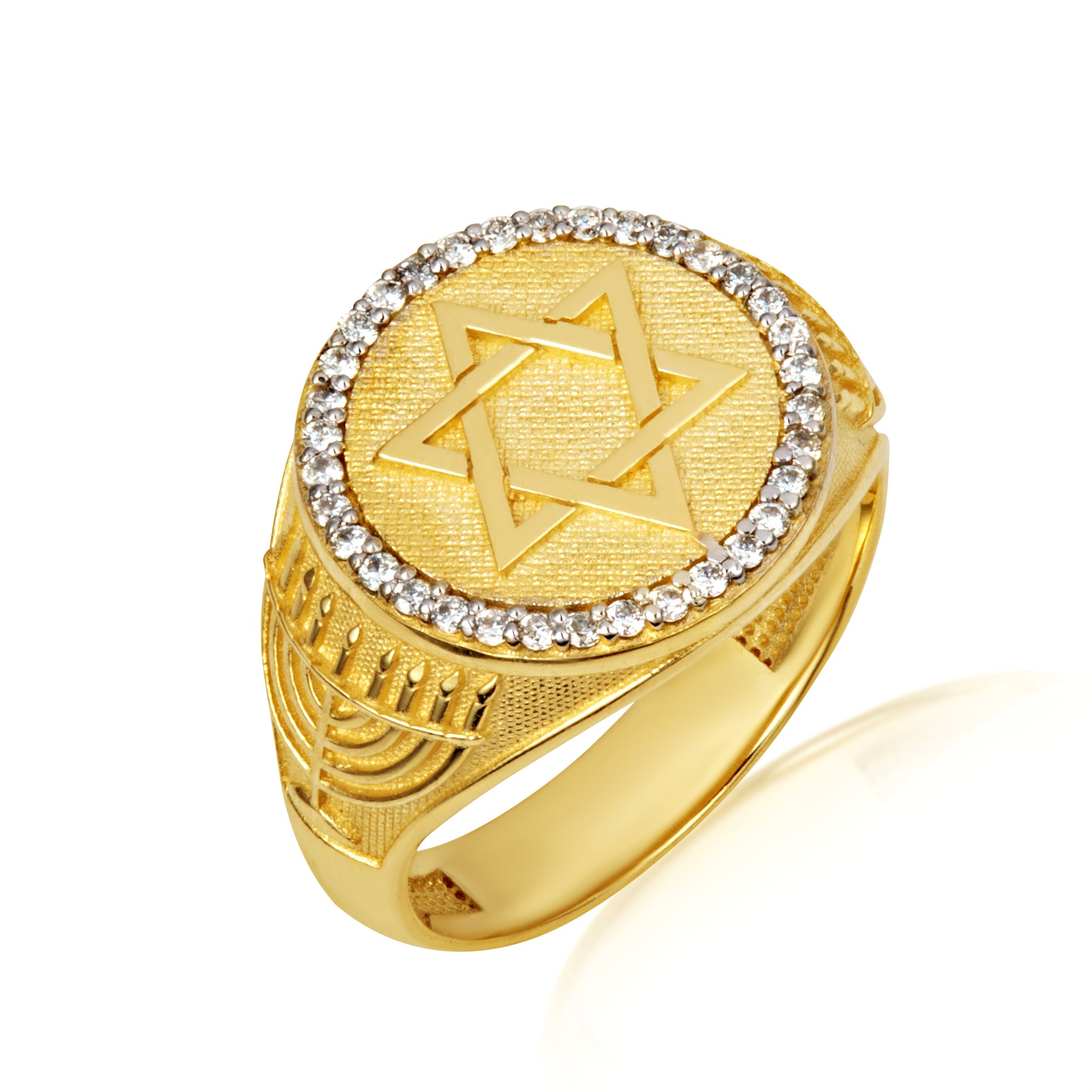 Gold Diamond Jewish Star Of David Hebrew Menorah Signet Ring, view 6