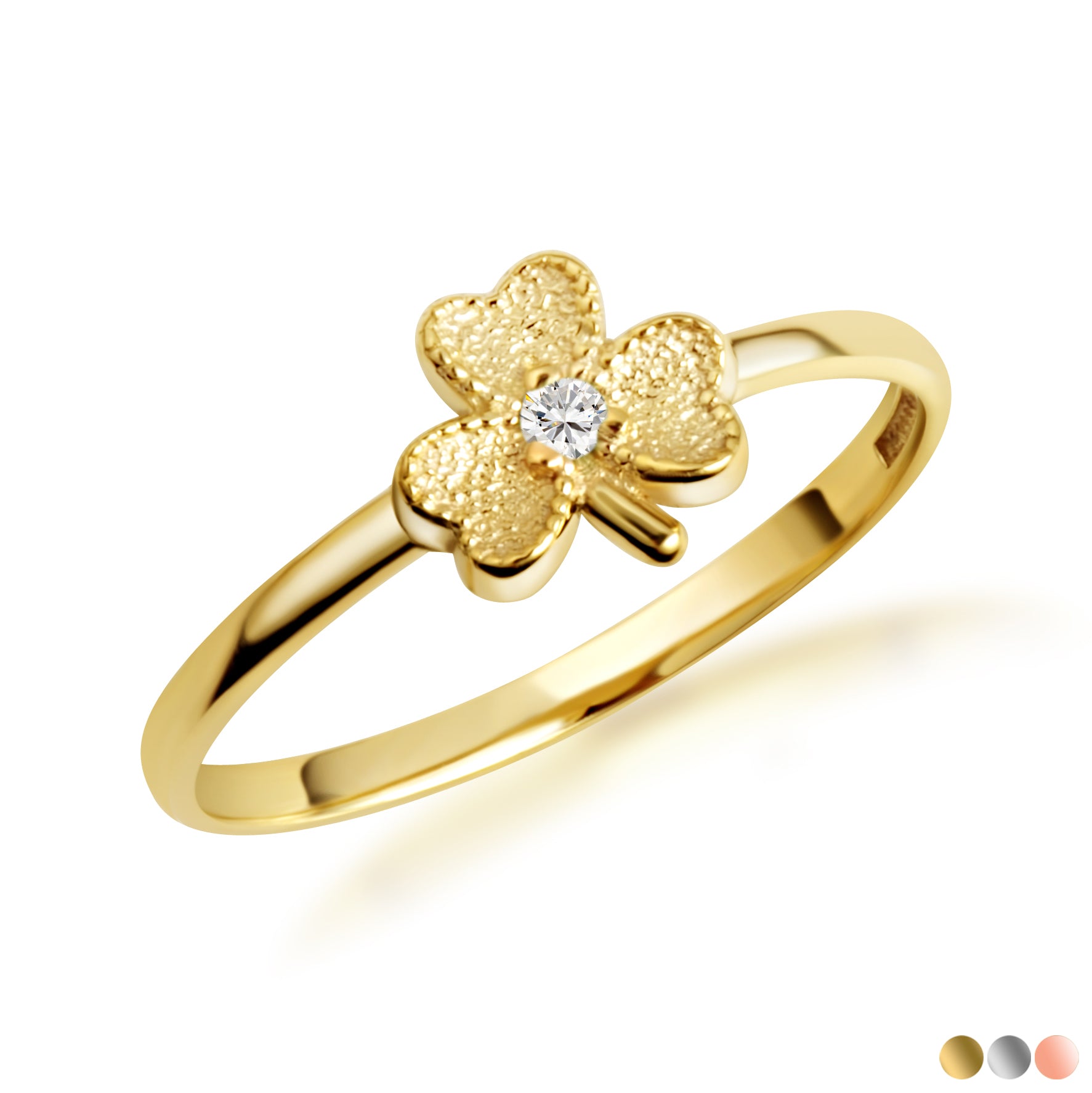 Gold Diamond Lucky 3 Leaf Clover Heart Ring