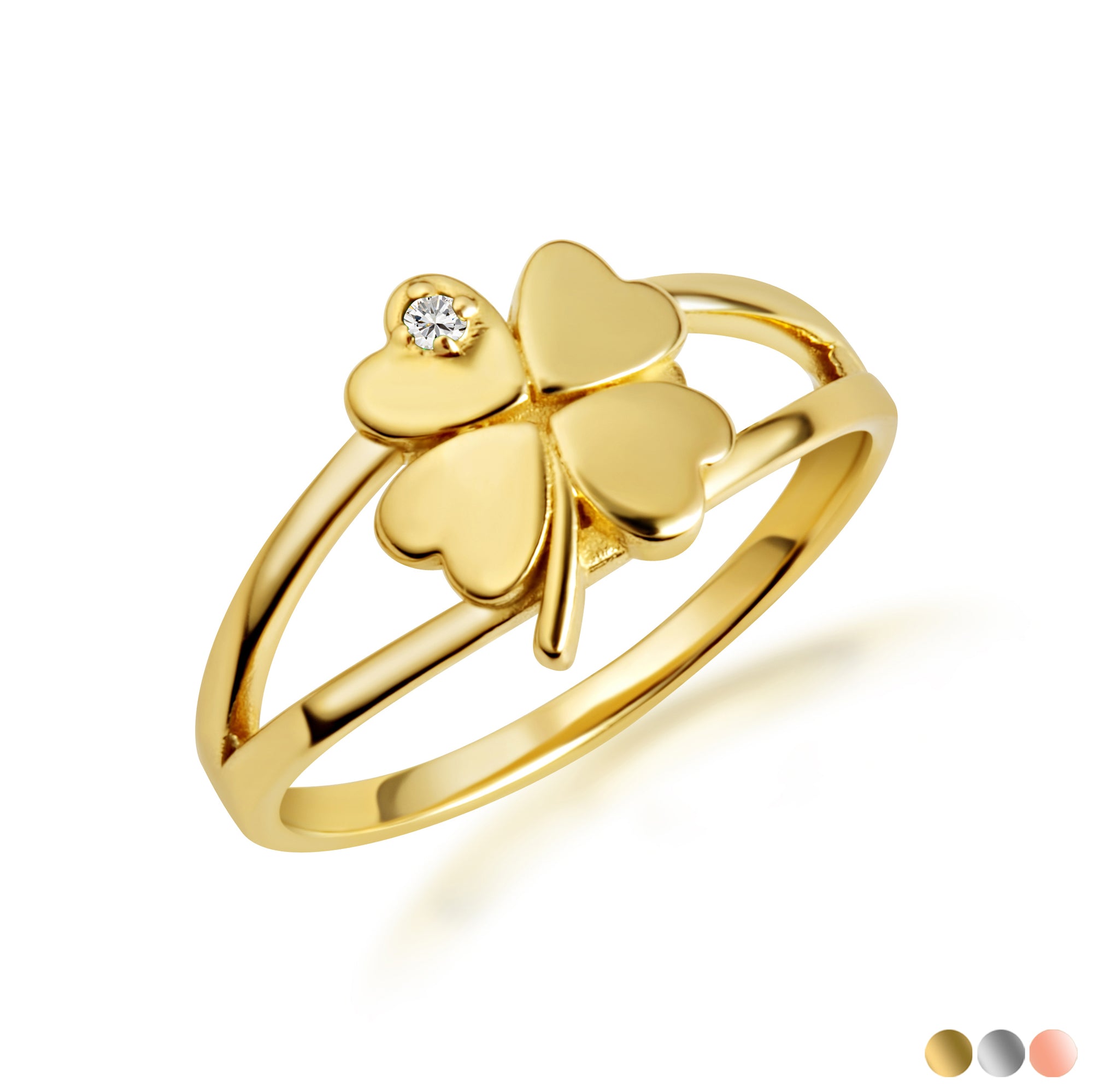 Gold Diamond Lucky 4 Leaf Clover Heart Ring