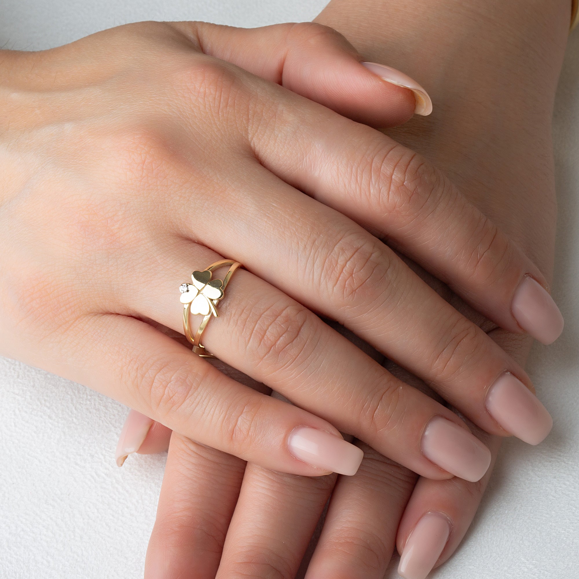 Gold Diamond Lucky 4 Leaf Clover Heart Ring, view 2