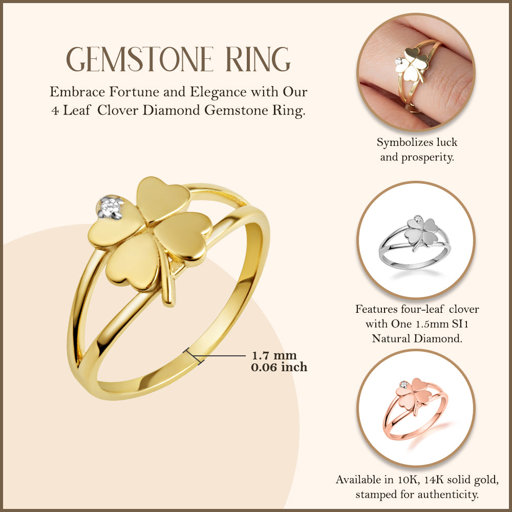 Gold Diamond Lucky 4 Leaf Clover Heart Ring, view 3