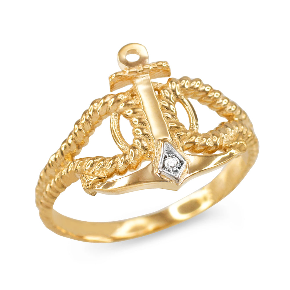 Gold Diamond Nautical Anchor Rope Ring