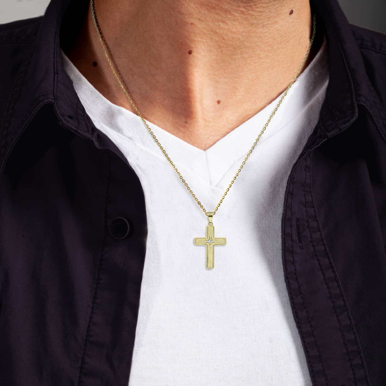 Gold Diamond North Star Cross Pendant Necklace, view 4