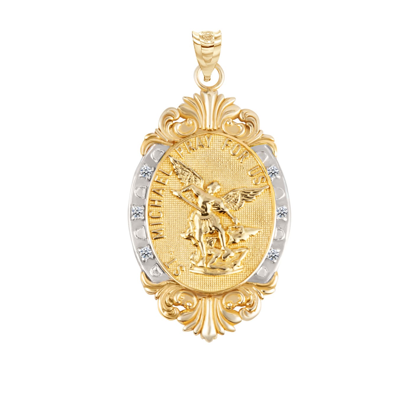 Gold Diamond Oval Saint Medallion Victorian Frame Pendant Necklace