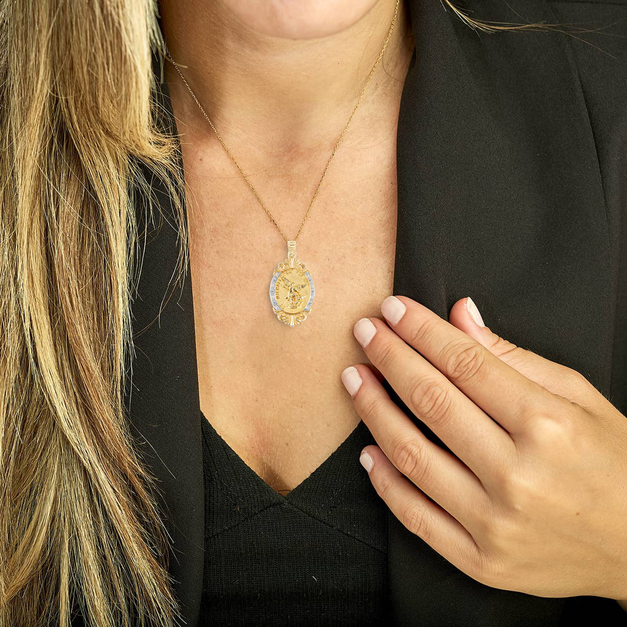Gold Diamond Oval Saint Medallion Victorian Frame Pendant Necklace, view 2