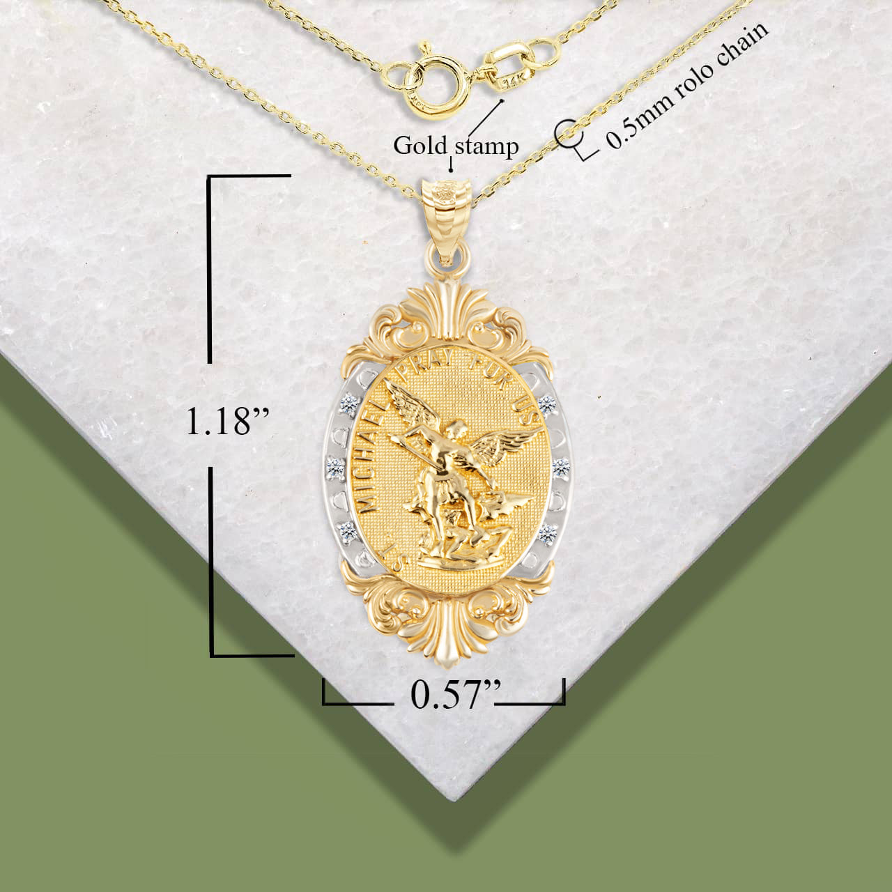 Gold Diamond Oval Saint Medallion Victorian Frame Pendant Necklace, view 3