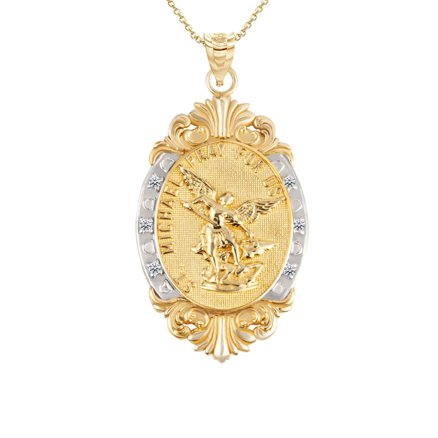 Gold Diamond Oval Saint Medallion Victorian Frame Pendant Necklace, view 4