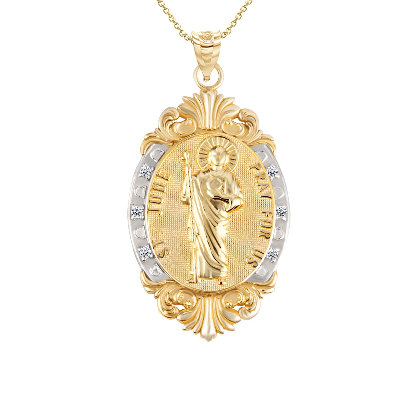 Gold Diamond Oval Saint Medallion Victorian Frame Pendant Necklace, view 7