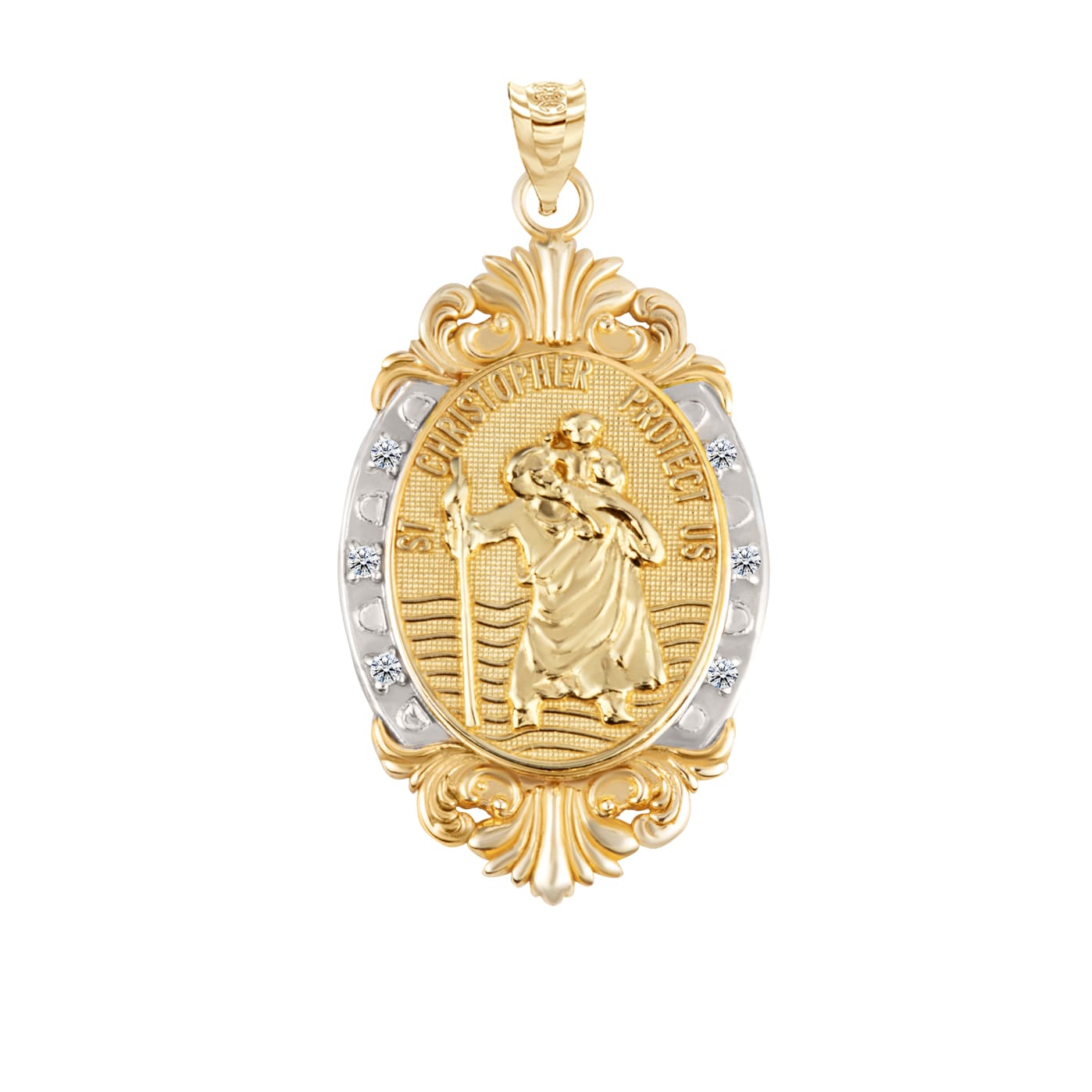 Gold Diamond Oval Saint Medallion Victorian Frame Pendant Necklace, view 9