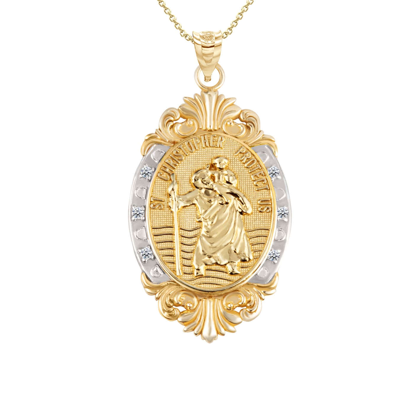 Gold Diamond Oval Saint Medallion Victorian Frame Pendant Necklace, view 10