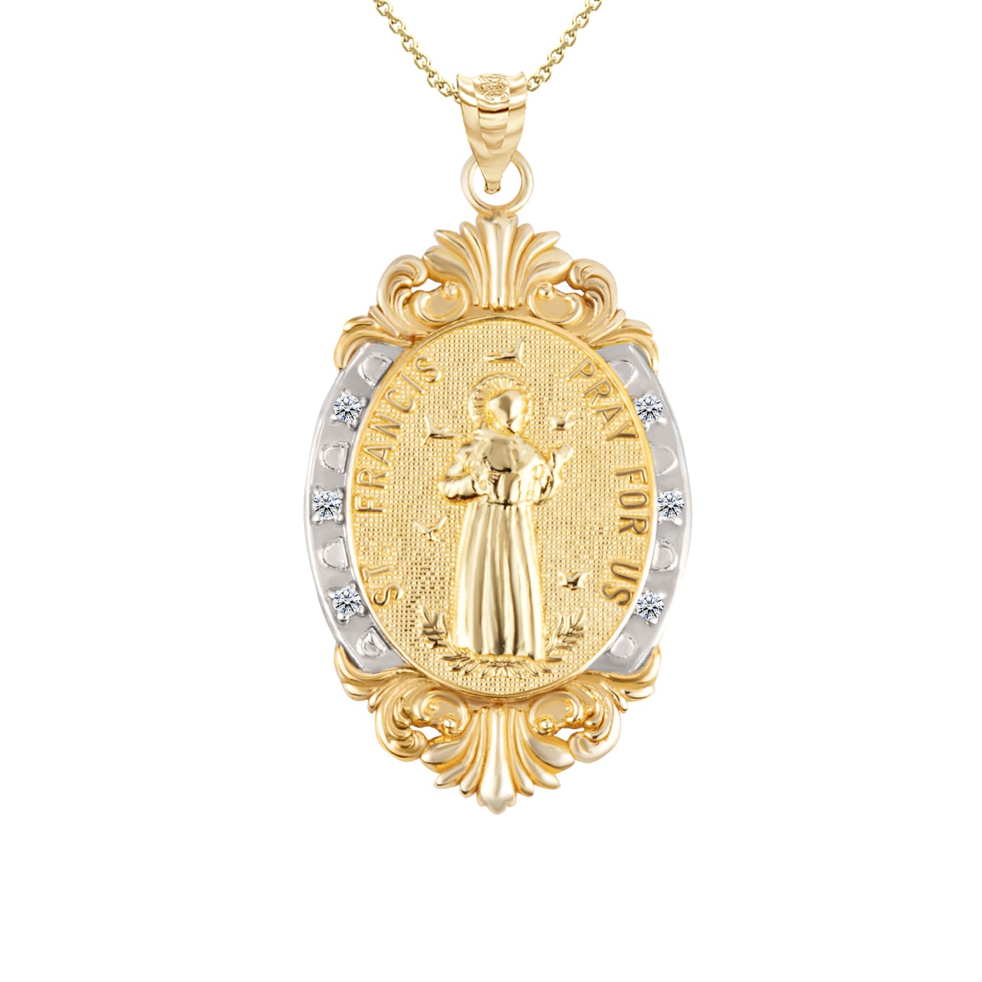 Gold Diamond Oval Saint Medallion Victorian Frame Pendant Necklace, view 12
