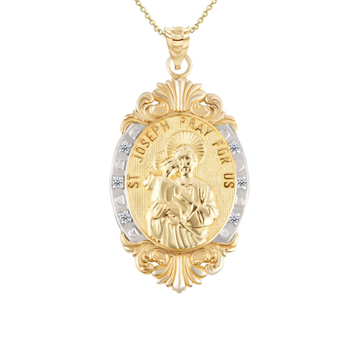 Gold Diamond Oval Saint Medallion Victorian Frame Pendant Necklace, view 14