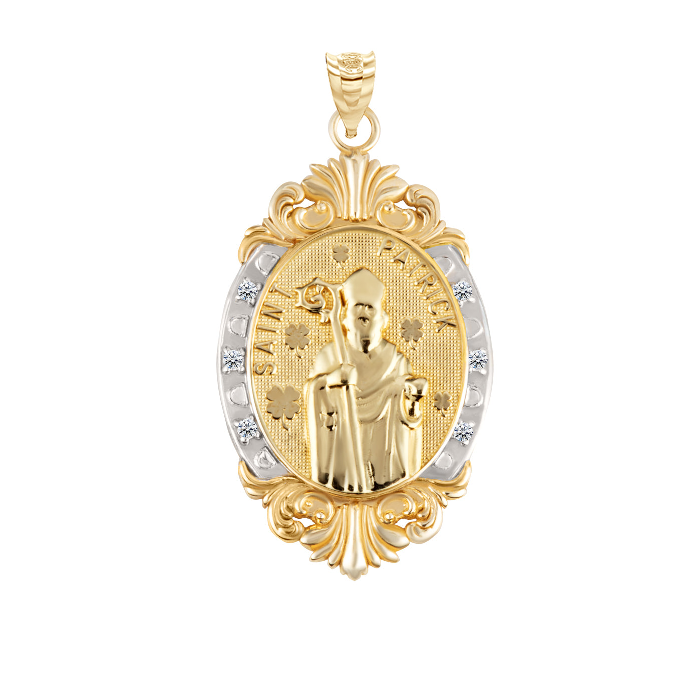 Gold Diamond Oval Saint Medallion Victorian Frame Pendant Necklace, view 15