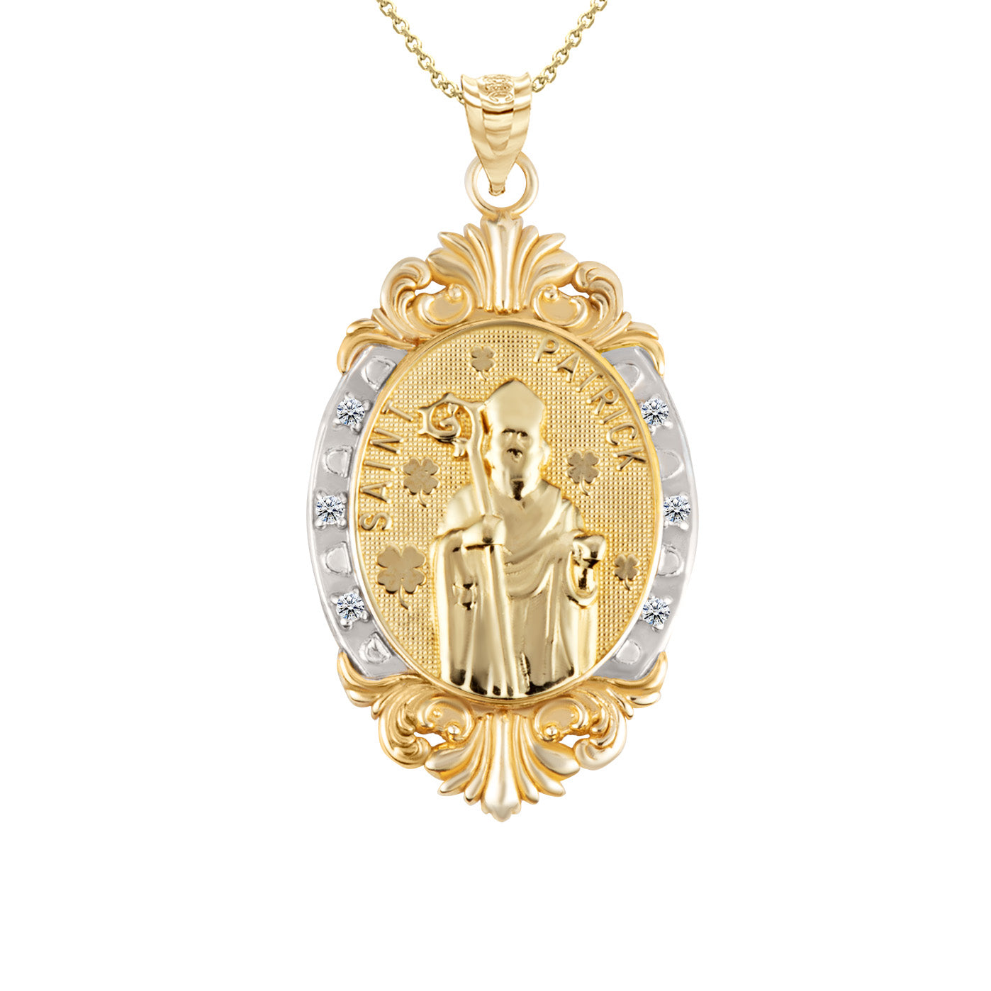 Gold Diamond Oval Saint Medallion Victorian Frame Pendant Necklace, view 16
