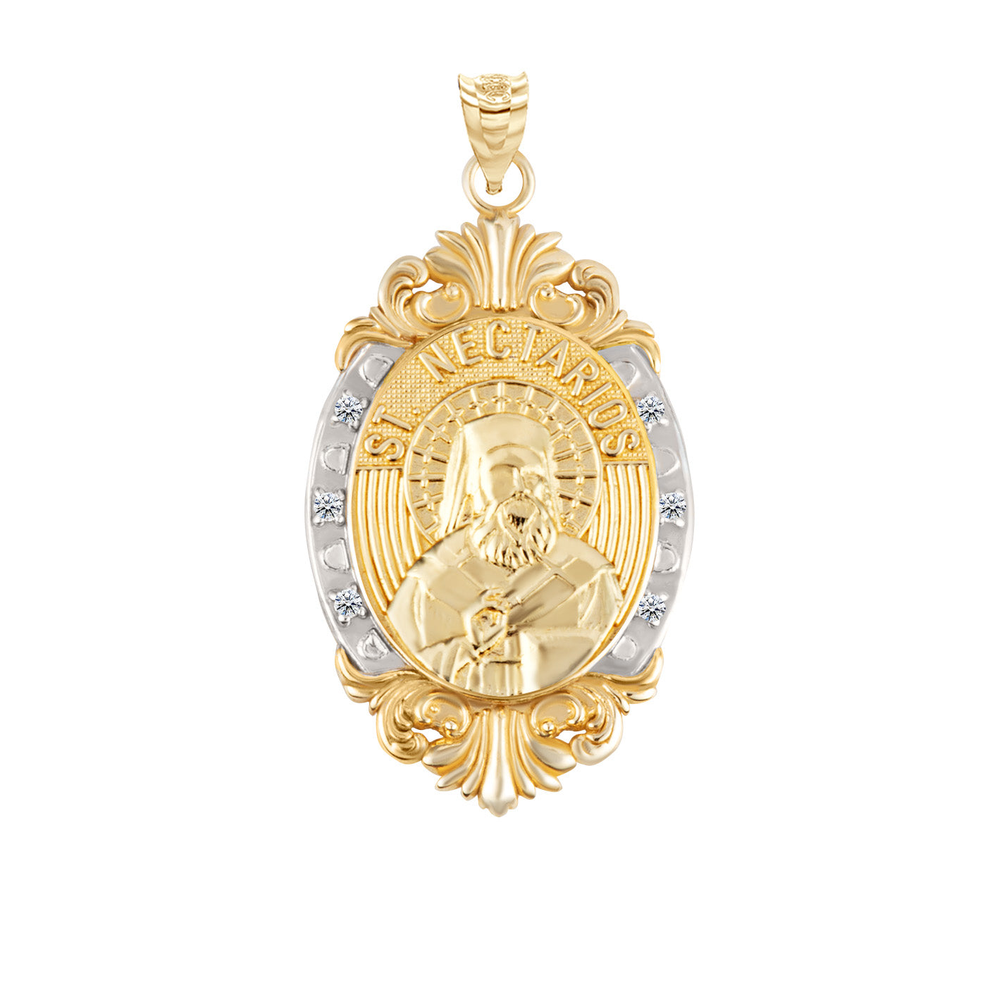 Gold Diamond Oval Saint Medallion Victorian Frame Pendant Necklace, view 17