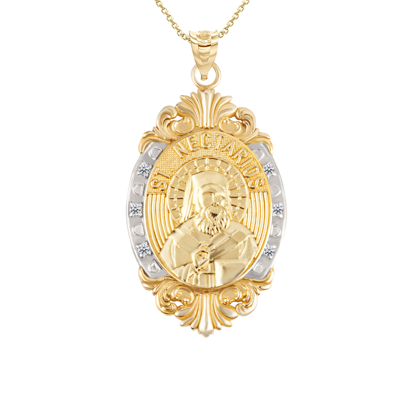 Gold Diamond Oval Saint Medallion Victorian Frame Pendant Necklace, view 18