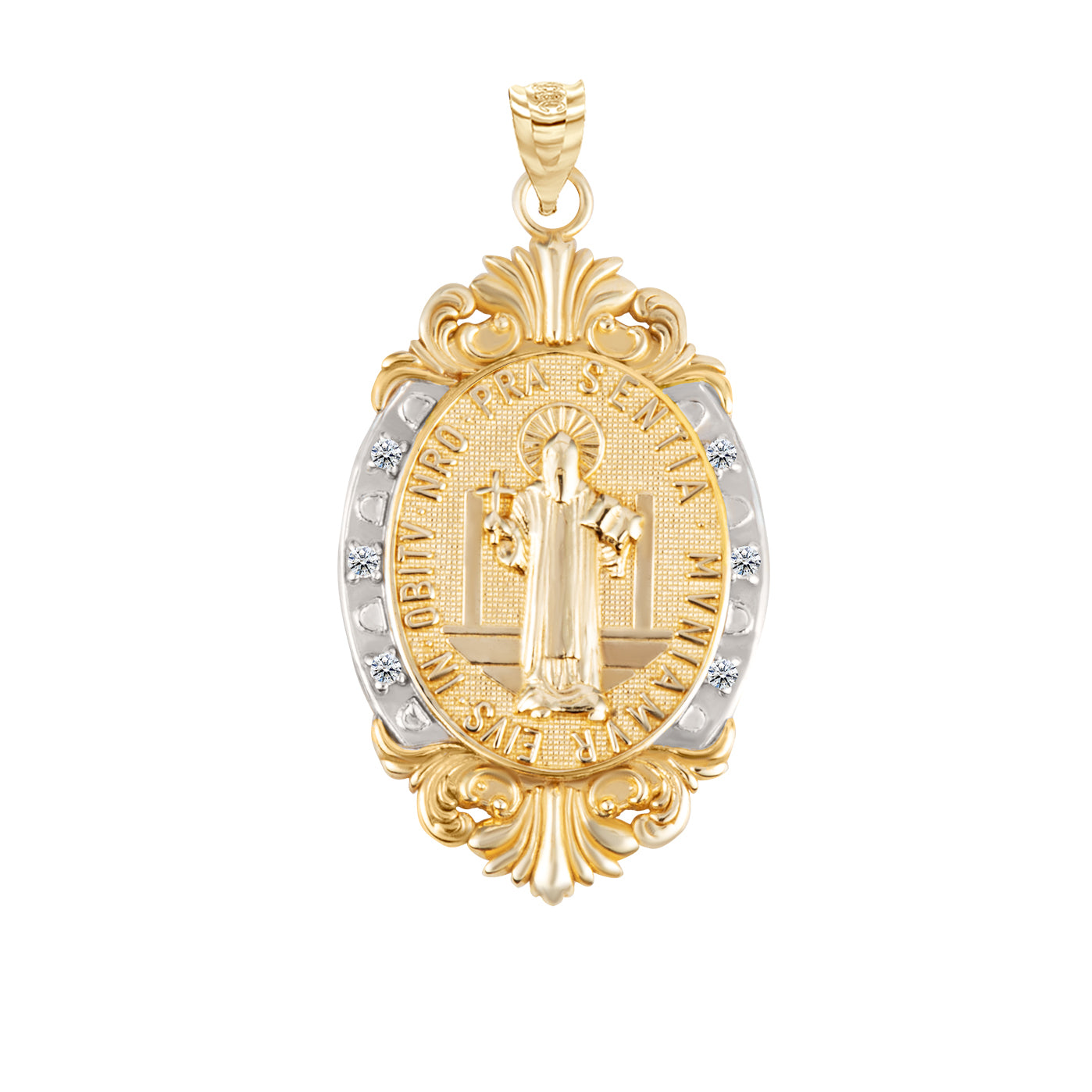 Gold Diamond Oval Saint Medallion Victorian Frame Pendant Necklace, view 19